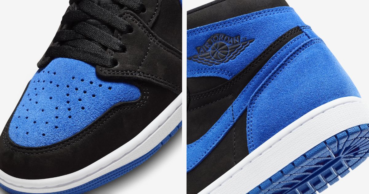 a pair of blue and black air jordan 1 high top sneakers .