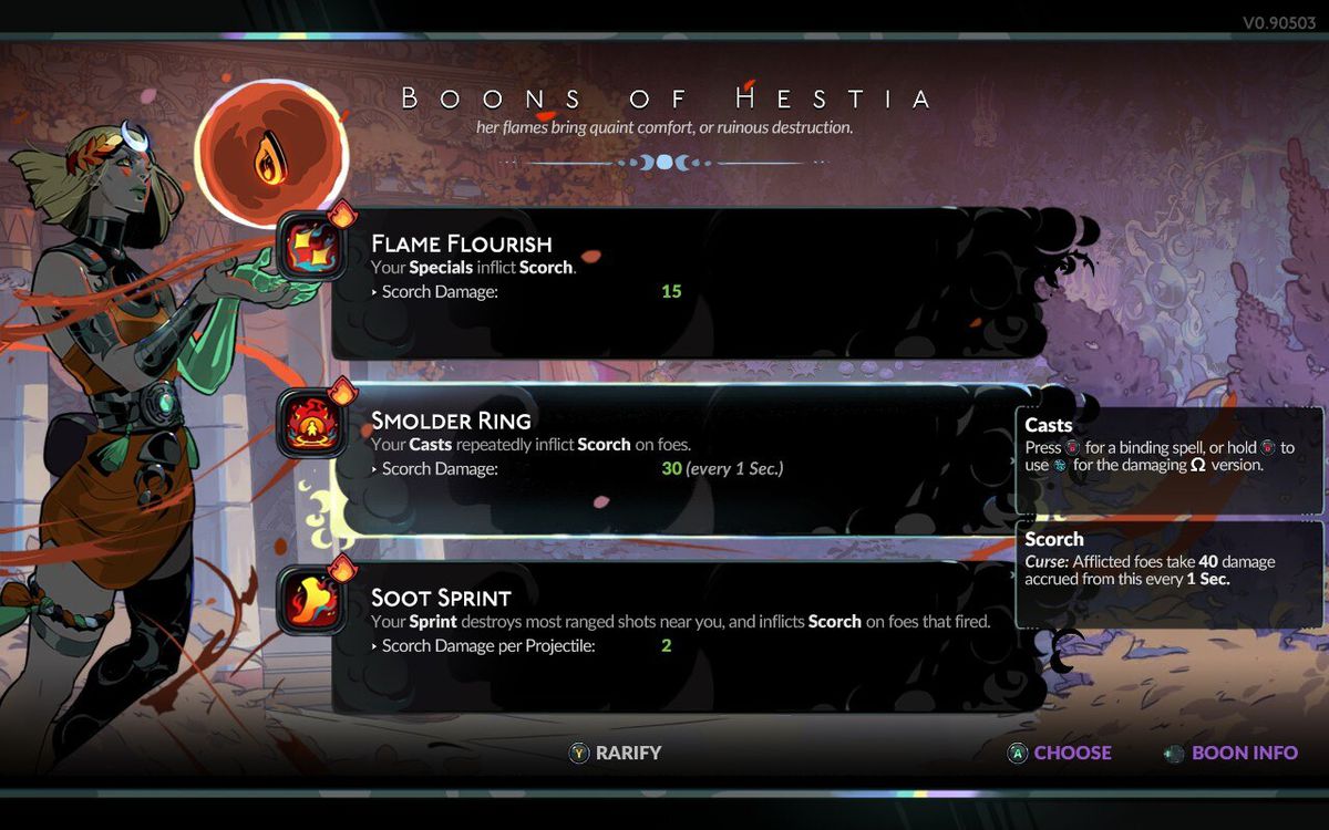 A Hades 2 menu shows three boons of Hestia.
