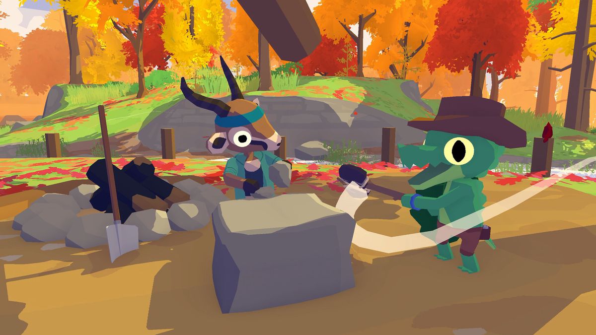 The eponymous Gator in Lil Gator Game speaks to a gazelle near a campfire