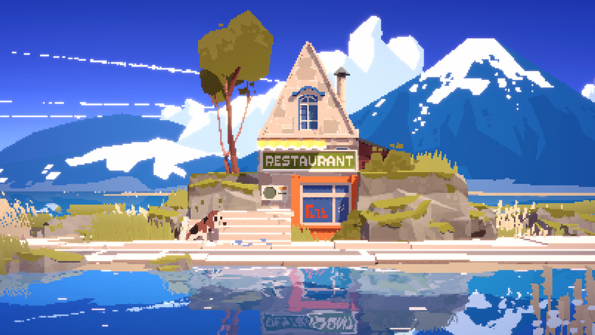 A calming image of a pixelated restaurant in front of a mountain, with a lake in front, in Summerhouse