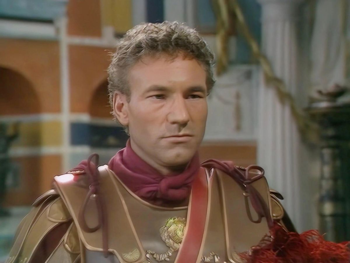 A young Patrick Stewart, in Roman legionaire garb and wig, in I, Claudius