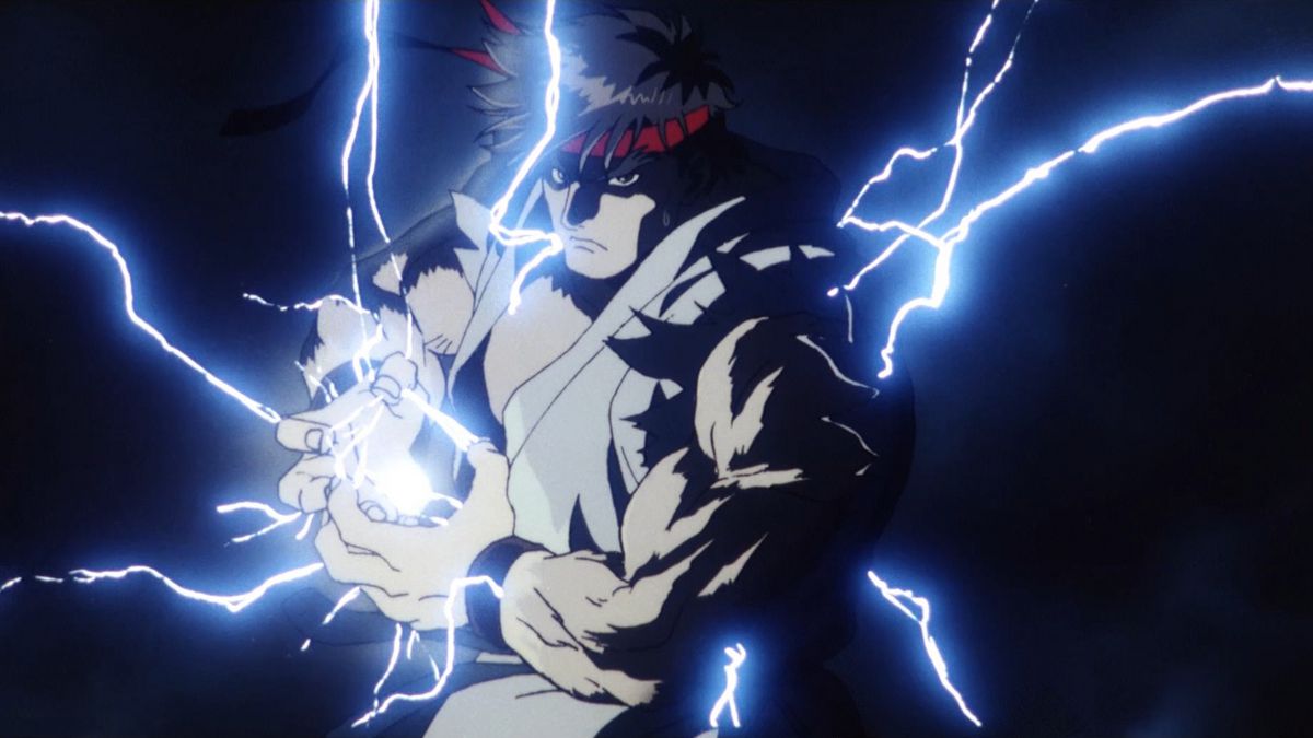Ryu gets ready to Hadouken, as electricity forms around him, in Street Fighter II: The Animated Movie