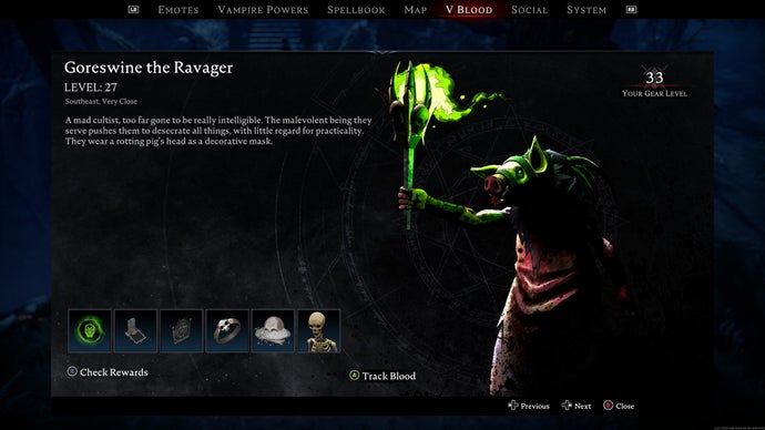 A screen showing the information for the boss Goreswine the Ravager in V Rising, who's a kind of pig-headed undead create with a glowing green staff.