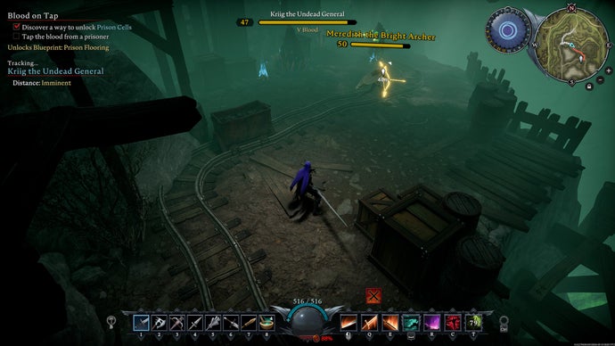 An interior mine screenshot from V Rising. Bertie's vampire looks on as two boss NPCs fight each other.
