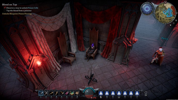 A V Rising screenshot showing Bertie's vampire sat on a wooden throne-like chair under a wall hanging.