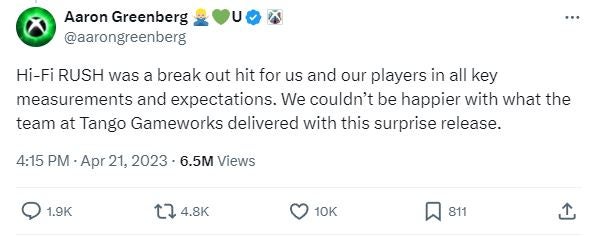 Tweet from Aaron Greenberg reading: Hi-Fi RUSH was a break out hit for us and our players in all key measurements and expectations. We couldn’t be happier with what the team at Tango Gameworks delivered with this surprise release.