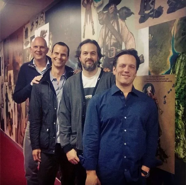 Phil Harrison, John Needham, Kudo Tsunoda and Phil Spencer, photographed while visiting Lionhead in December 2014.