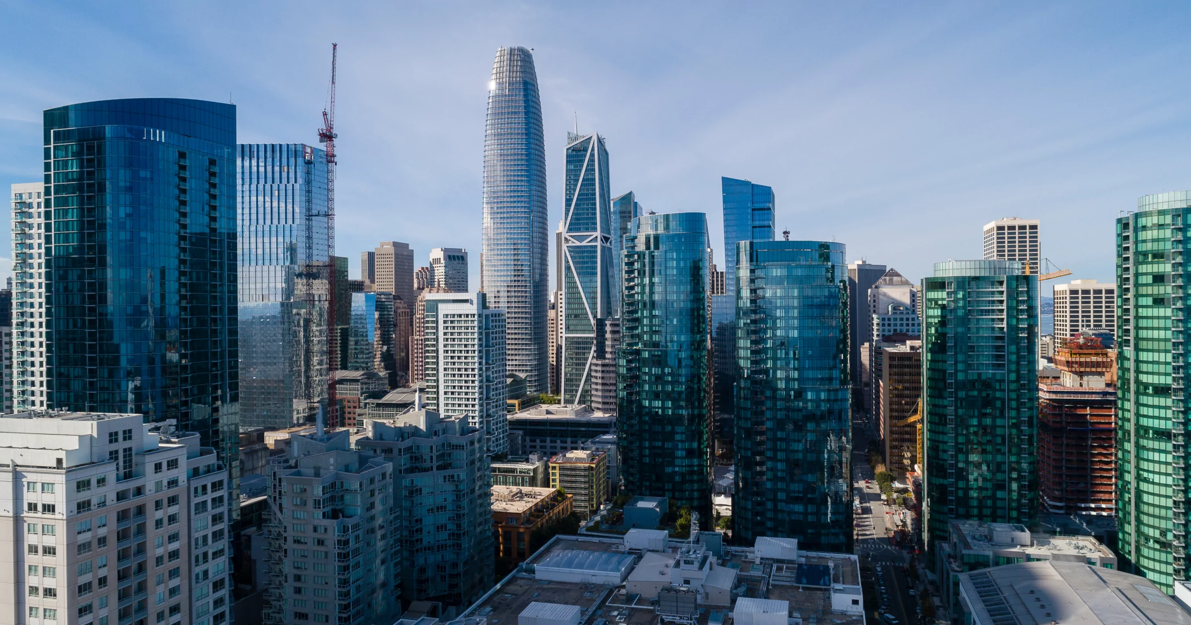 San Francisco Downtown with the major skyscrapers includes Lumina, 181 Fremont, Salesforce Tower and more. Aerial short-distance photo.