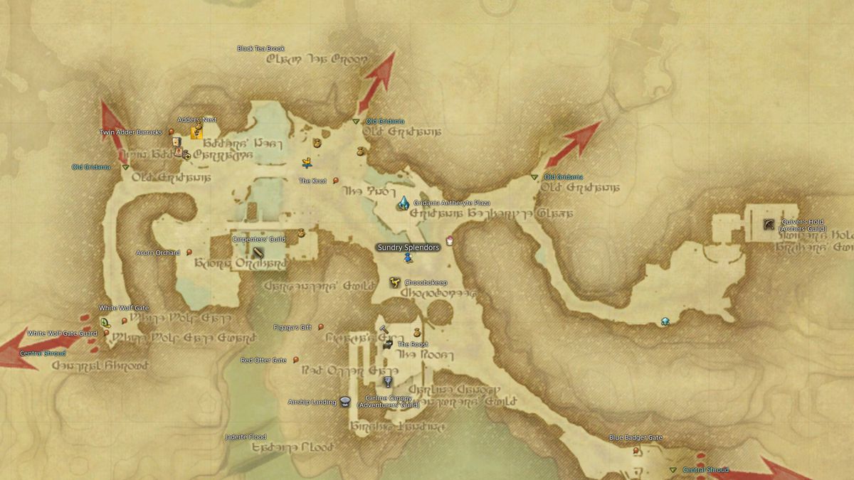 A map of Gridania in FFXIV with the Rowena’s Representative highlighted.