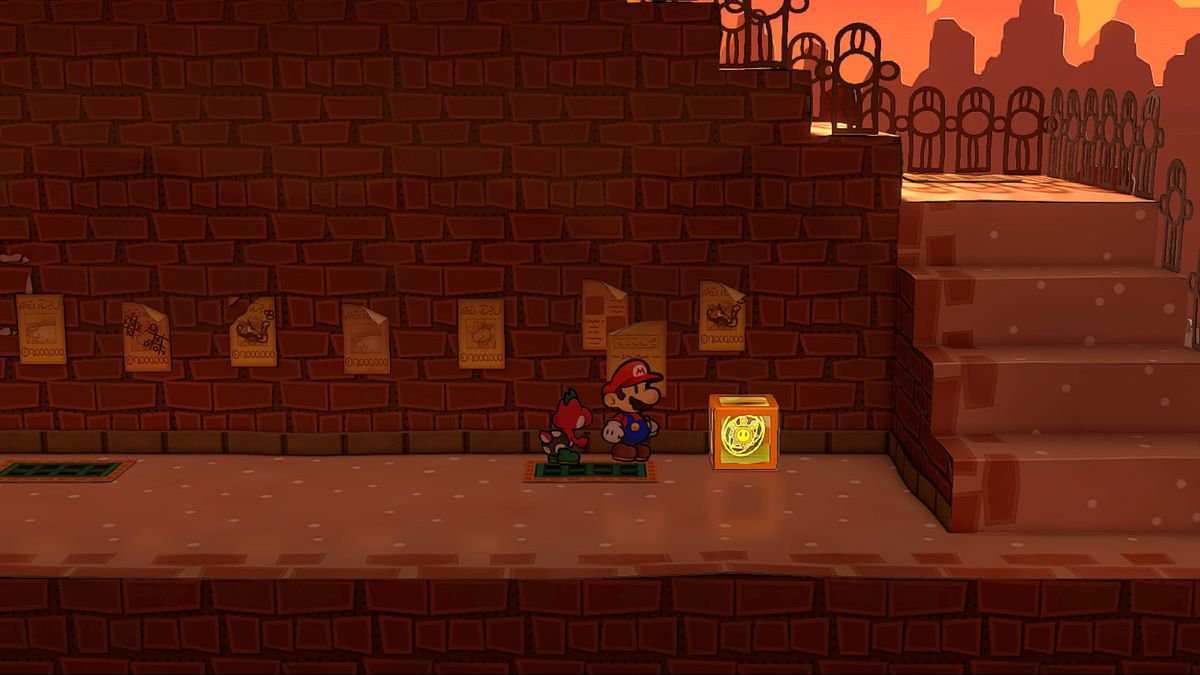 Mario and Yoshi stand in front of a Shine Sprite box in Paper Mario: The Thousand-Year Door