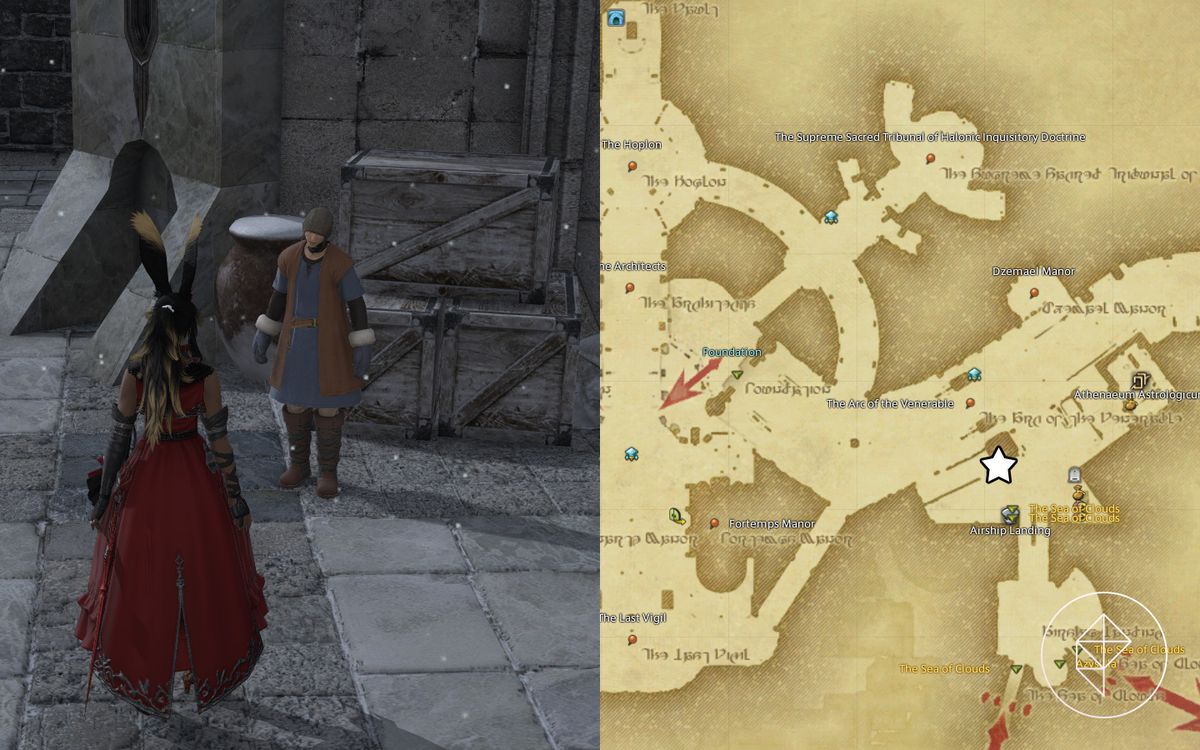 A FFXIV map showing where to find the Unquiet Trader NPC in Ishgard