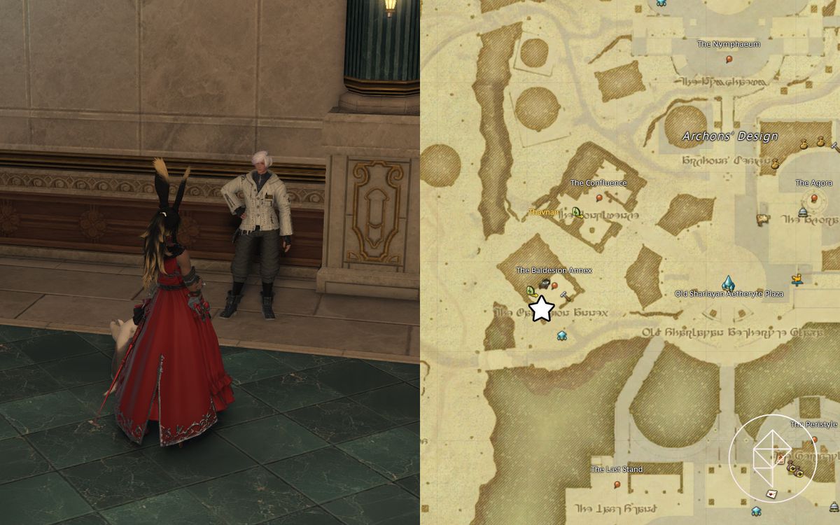 A FFXIV map showing where to find the Fresh-Faced Student NPC in Old Sharlayan