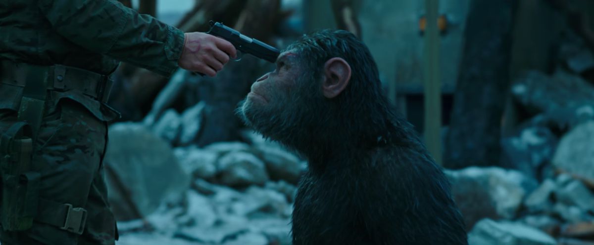 The ape Caesar (Andy Serkis) with a gun to his head in 2017’s War for the Planet of the Apes
