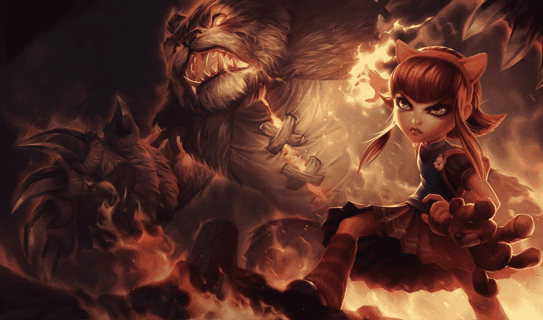 The splash art for League of Legends champion Annie, a young girl holding a ball of fire with a huge animated teddy bear next to her