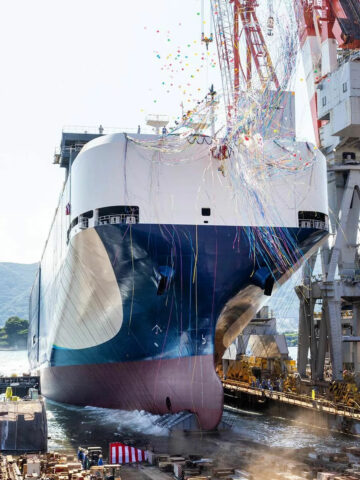 Mitsubishi Shipbuilding Holds Christening and Launch Ceremony of New LNG-Powered Roll-on/Roll-off Ship TRANS HARMONY GREEN in Shimonoseki
